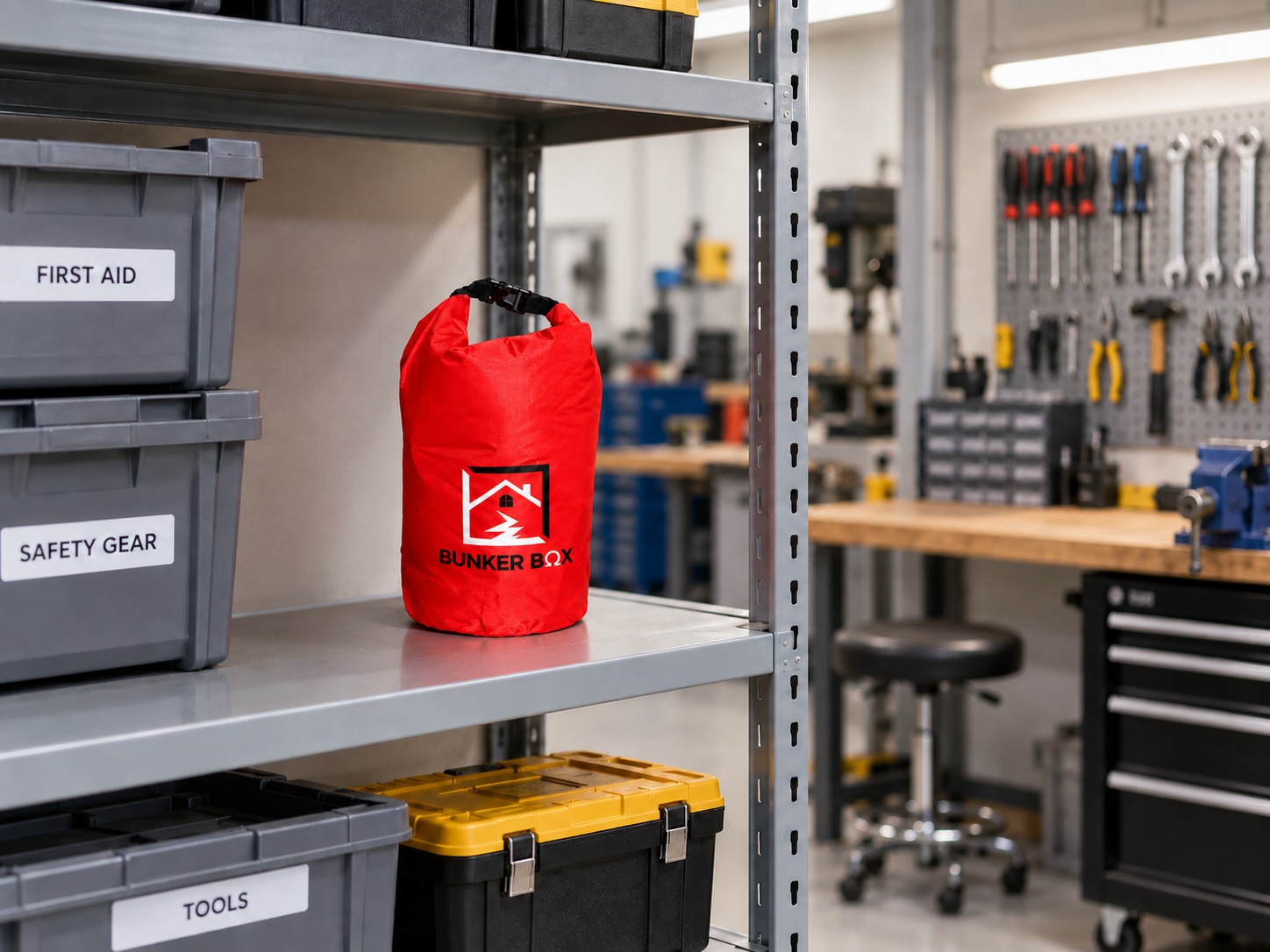 Grab bag sitting on a workshop shelf