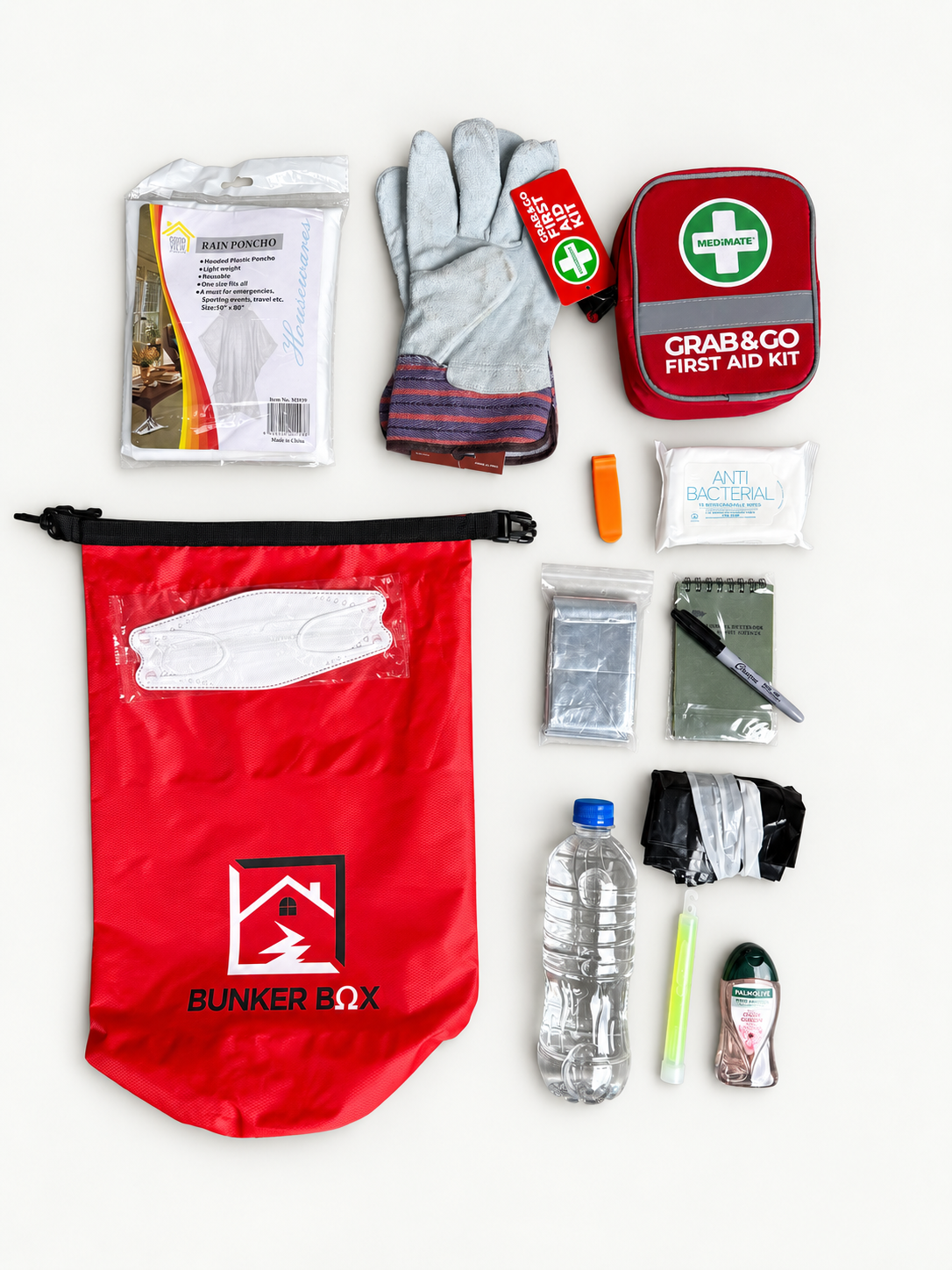 Emergency grab bag with items displayed